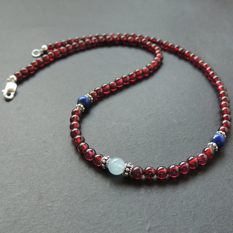 Handmade AAA Garnet Aquamarine Lapis 925 Sterling Silver Necklace Gemstone DiyNoion NK082