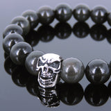 Black Obsidian Bracelet Men Women Gemstone 925 Sterling Silver Skull DiyNotion BR612