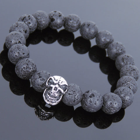 Men's Women Lava Rock Bracelet 925 Sterling Silver Skull Bead DiyNotion Handmade BR613