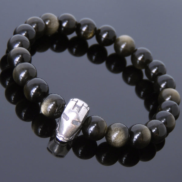 Men's Women Golden Obsidian Bracelet 925 Sterling Silver Ironman Mask DiyNotion Handmade BR608