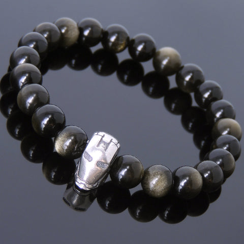 Men's Women Golden Obsidian Bracelet 925 Sterling Silver Ironman Mask DiyNotion Handmade BR608