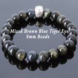 Men's Women Mixed Brown Blue Tiger Eye Bracelet 925 Sterling Silver Ironman Mask DiyNotion Handmade BR609