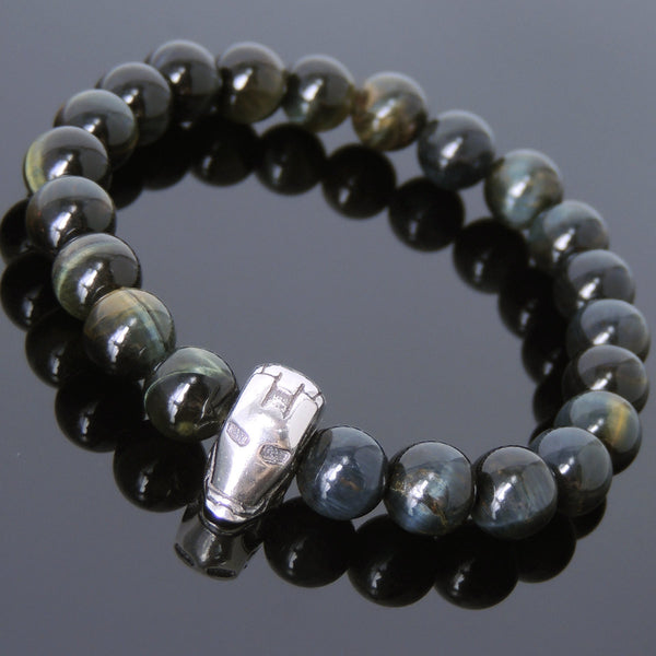 Men's Women Mixed Brown Blue Tiger Eye Bracelet 925 Sterling Silver Ironman Mask DiyNotion Handmade BR609
