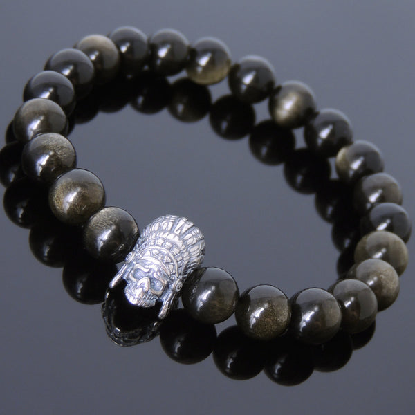 Men's Women Golden Obsidian Bracelet 925 Sterling Silver Indian Skull DiyNotion Handmade BR610