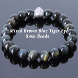 Men's Women Mixed Brown Blue Tiger Eye Bracelet 925 Sterling Silver Indian Skull DiyNotion Handmade BR611