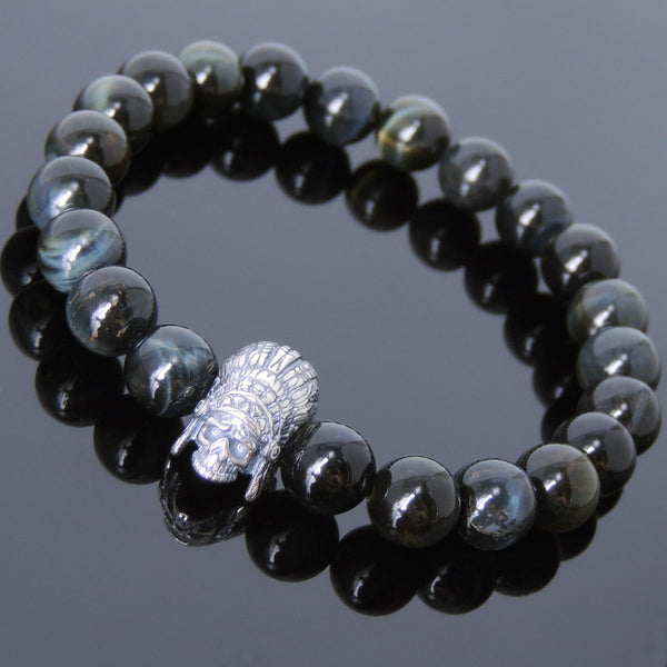 Men's Women Mixed Brown Blue Tiger Eye Bracelet 925 Sterling Silver Indian Skull DiyNotion Handmade BR611