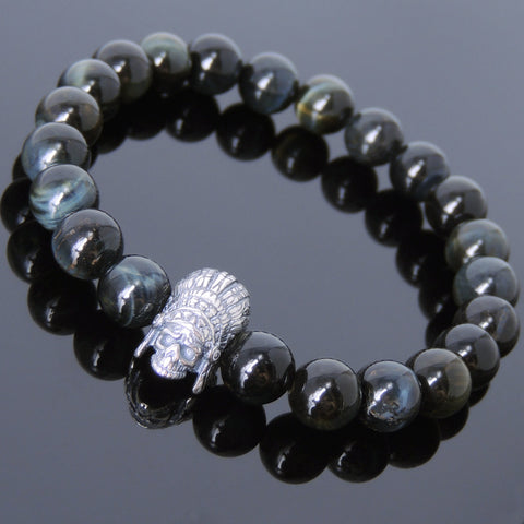 Men's Women Mixed Brown Blue Tiger Eye Bracelet 925 Sterling Silver Indian Skull DiyNotion Handmade BR611