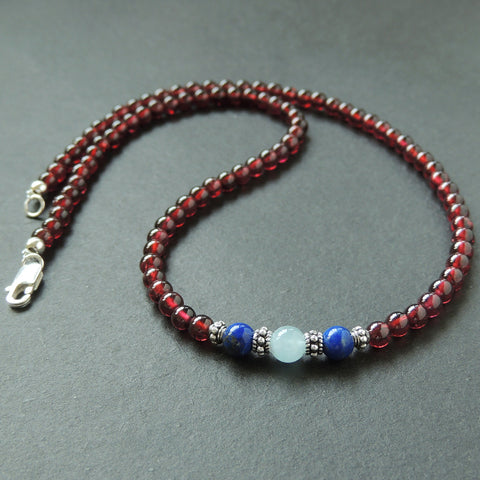 Handmade AAA Garnet Aquamarine Lapis 925 Sterling Silver Necklace Gemstone DiyNoion NK081