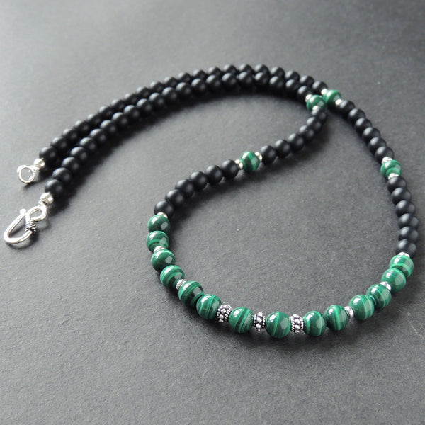 Men's Women Malachite Matte Black Onyx Sterling Silver Necklace Gemstone 925 Spacers Clasp DiyNoion Handmade NK084