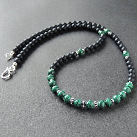 Men's Women Malachite Matte Black Onyx Sterling Silver Necklace Gemstone 925 Spacers Clasp DiyNoion Handmade NK084