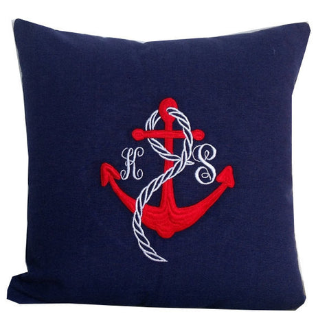 Embroidered pillow- Nautical monogram pillows- Custom letter and anchor throw pillows-16x16 wedding pillows-navy blue pillows
