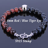 Men's Women Blue Red Tiger Eye Sterling Silver Skull Bracelet 925 Clasp Gemstone DiyNotion Handmade BR619