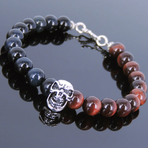 Men's Women Blue Red Tiger Eye Sterling Silver Skull Bracelet 925 Clasp Gemstone DiyNotion Handmade BR619