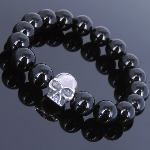 Men's Women Black Onyx 925 Sterling Silver Bracelet Skull 12mm Beads DiyNotion Handmade BR630