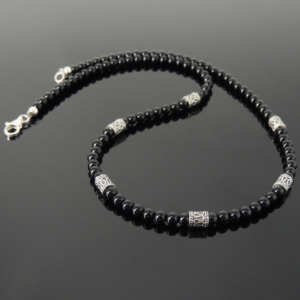 Men's Women Bright Black Onyx Sterling Silver Necklace Gemstone Beads Clasp DiyNoion Handmade NK087