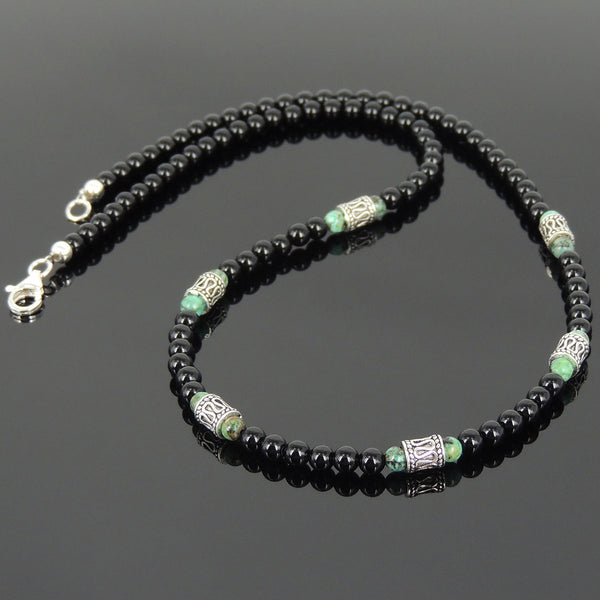 Men's Women Bright Black Onyx African Green Turquoise Sterling Silver Necklace Gemstone Beads Clasp DiyNoion Handmade NK088