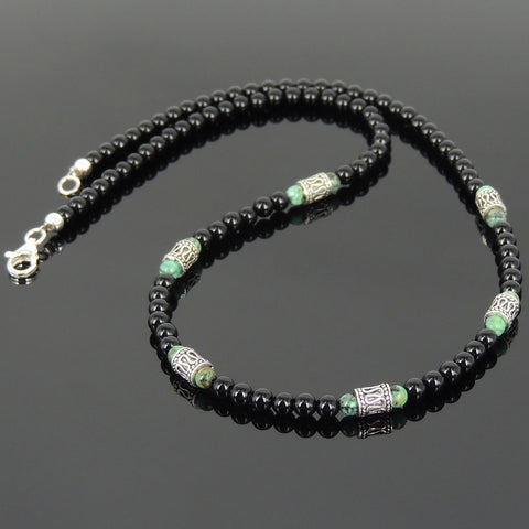 Men's Women Bright Black Onyx African Green Turquoise Sterling Silver Necklace Gemstone Beads Clasp DiyNoion Handmade NK088