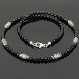 Men's Women Bright Black Onyx African Green Turquoise Sterling Silver Necklace Gemstone Beads Clasp DiyNoion Handmade NK088