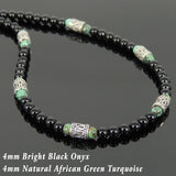 Men's Women Bright Black Onyx African Green Turquoise Sterling Silver Necklace Gemstone Beads Clasp DiyNoion Handmade NK088
