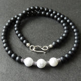 Men's Women Matte Black Onyx White Howlite Sterling Silver Necklace Gemstone 925 Spacers Clasp DiyNotion Handmade NK086