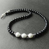 Men's Women Matte Black Onyx White Howlite Sterling Silver Necklace Gemstone 925 Spacers Clasp DiyNotion Handmade NK086