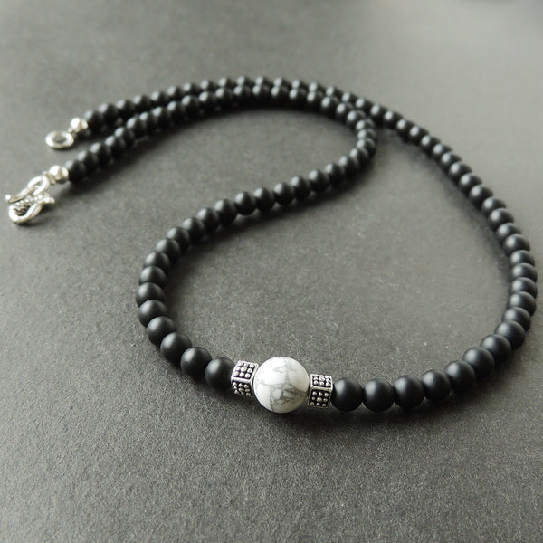 Men's Women Matte Black Onyx White Howlite Sterling Silver Necklace Gemstone 925 Spacers Clasp DiyNotion Handmade NK038