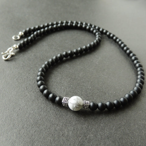 Men's Women Matte Black Onyx White Howlite Sterling Silver Necklace Gemstone 925 Spacers Clasp DiyNotion Handmade NK038