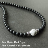 Men's Women Matte Black Onyx White Howlite Sterling Silver Necklace Gemstone 925 Spacers Clasp DiyNotion Handmade NK038