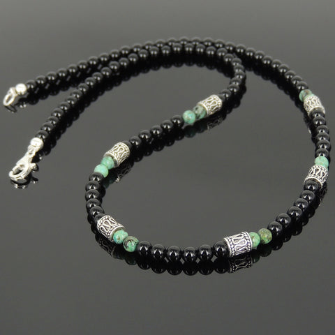 Men's Women Bright Black Onyx African Green Turquoise Sterling Silver Necklace Gemstone Beads Clasp DiyNoion Handmade NK089