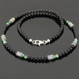 Men's Women Bright Black Onyx African Green Turquoise Sterling Silver Necklace Gemstone Beads Clasp DiyNoion Handmade NK089