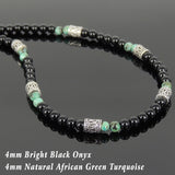 Men's Women Bright Black Onyx African Green Turquoise Sterling Silver Necklace Gemstone Beads Clasp DiyNoion Handmade NK089