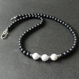 Men's Women Matte Black Onyx White Howlite Sterling Silver Necklace Gemstone 925 Spacers Clasp DiyNotion Handmade NK086