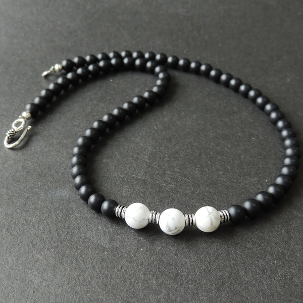 Men's Women Matte Black Onyx White Howlite Sterling Silver Necklace Gemstone 925 Spacers Clasp DiyNotion Handmade NK086