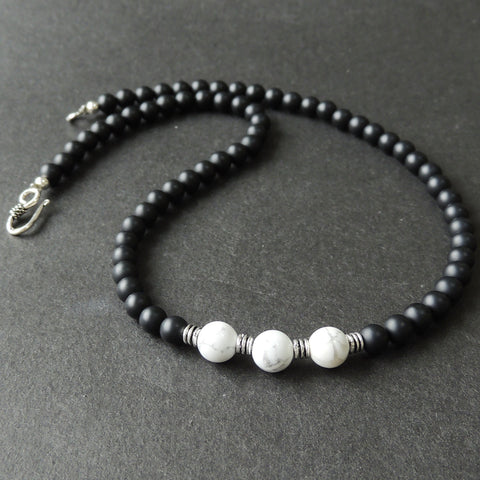 Men's Women Matte Black Onyx White Howlite Sterling Silver Necklace Gemstone 925 Spacers Clasp DiyNotion Handmade NK086