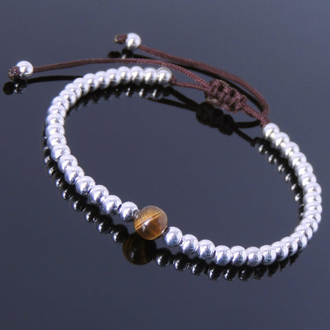 Men's Women Brown Tiger Eye Adjustable Bracelet 925 Sterling Silver Beads DiyNotion BR628