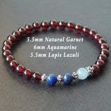 Men's Women Garnet Aquamarine Lapis Lazuli 925 Sterling Silver Bracelet AAA Gemstone DiyNotion Handmade BR627