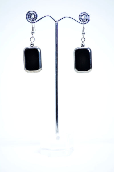 Drop Earrings, Rectangular Shape Earrings, Black Glass Earrings, Silver Color Finishing, Minimalist Earring Boho Chic Jewelry Easter Gift