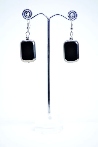 Drop Earrings, Rectangular Shape Earrings, Black Glass Earrings, Silver Color Finishing, Minimalist Earring Boho Chic Jewelry Easter Gift