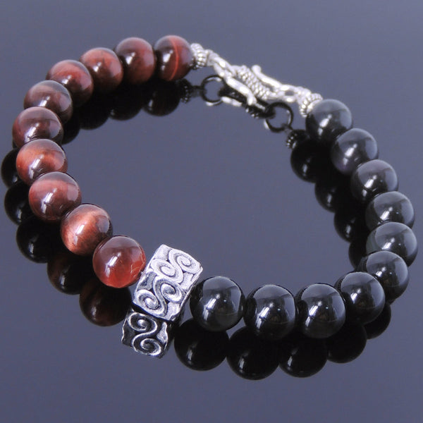 Men's Women Tiger Eye Black Obsidian Sterling Silver Bracelet 925 Bead DiyNotion Handmade BR133