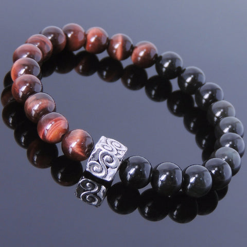 Men's Women Tiger Eye Black Obsidian Sterling Silver Bracelet 925 Bead DiyNotion Handmade BR133E