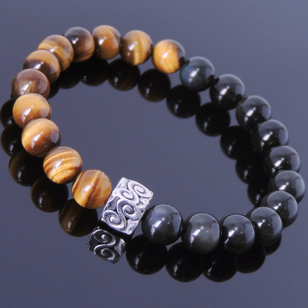 Men Women Tiger Eye Black Obsidian Bracelet 925 Sterling Silver Square Bead DiyNotion BR135E