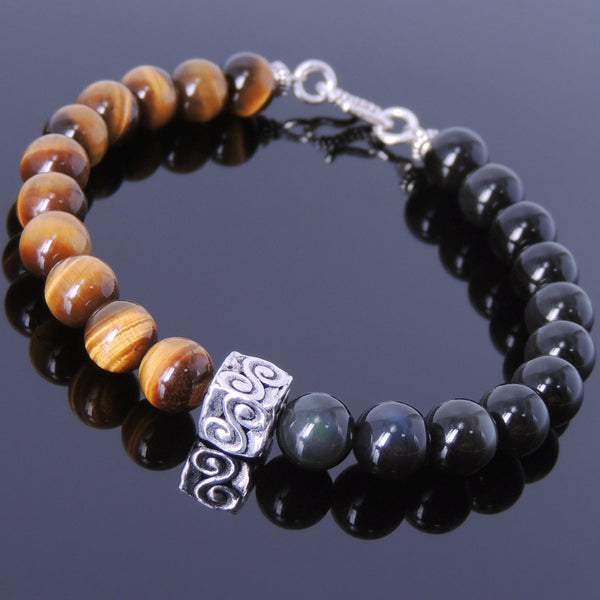 Men Women Tiger Eye Black Obsidian Bracelet 925 Sterling Silver Bead Clasp DiyNotion BR135
