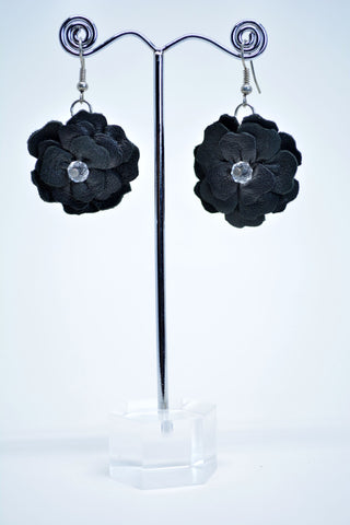Drop Flower Earrings, Black Suede Flower Earrings, Swarosky Crystal, Ethnic Earrings, BohoEarrings, Suede Jewelery, Gift For Girlfriend.