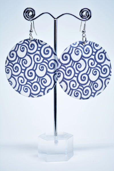 Drop Round Earrings White Sea Shell Earrings Hand Painted Black Spirals Ethnic Earrings  Boho Earrings Mother's Gift Idea Easter Gift