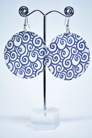 Drop Round Earrings White Sea Shell Earrings Hand Painted Black Spirals Ethnic Earrings  Boho Earrings Mother's Gift Idea Easter Gift