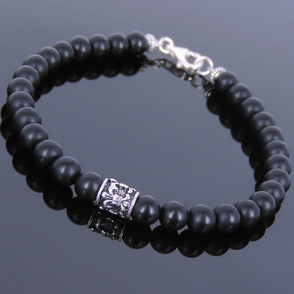 Men's Women Matte Black Onyx Sterling Silver Bracelet 925 Fleur de Lis Bead Gemstone DiyNotion Handmade BR143