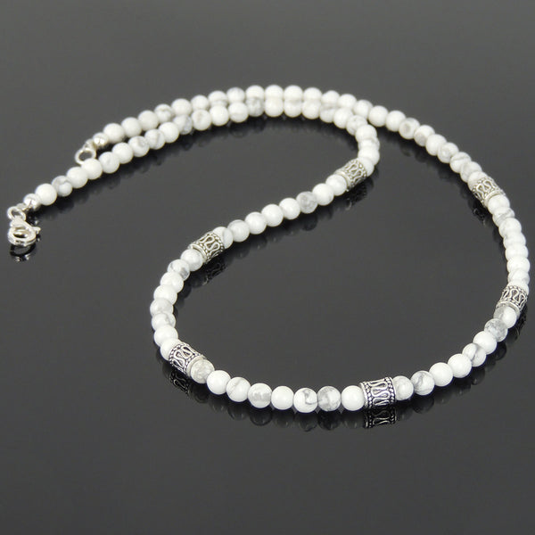 Men's Women White Howlite Sterling Silver Necklace Gemstone Beads Clasp DiyNoion Handmade NK091