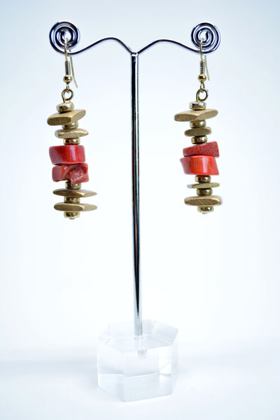 Bamboo Coral Drop Earrings, Bamboo Coral Disks, Square Wood, Boho Earrings, Wooden Earrings, Tribal Jewelry, Gift For Mother, Gift For Her