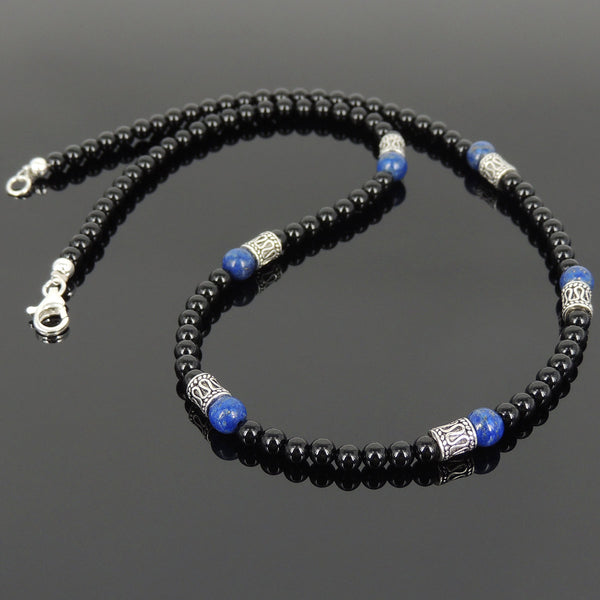 Men's Women Bright Black Onyx Lapis Sterling Silver Necklace Gemstone Beads Clasp DiyNoion Handmade NK090