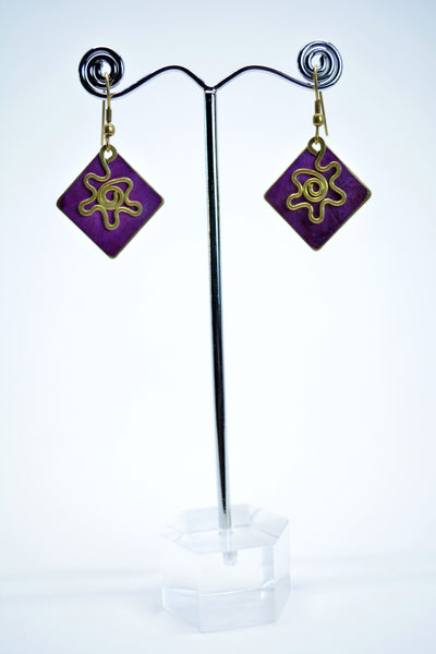 Drop Rhomboidal Earrings Fuchsia Painted Brass Earrings Brass Flower Ethnic Earrings Boho Earrings Tribal Gift for Her Mother's Gift